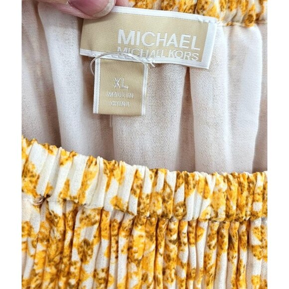 Michael Michael Kors Yellow Floral Pleated Midi Dress XL Boho Belted Summer - Picture 7 of 12